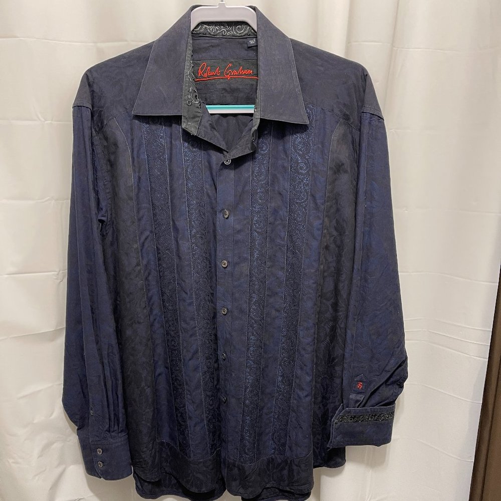 Robert Graham Men’s Flip Cuff Shirt, Sz XL, Black/dark blue geometric patterned